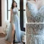 Elegante Grau Ballkleider 2020 A Linie Spaghettiträger Ärmellos Perlenstickerei Gespaltete Front Sweep / Pinsel Zug Rüschen Rückenfreies Festliche Kleider