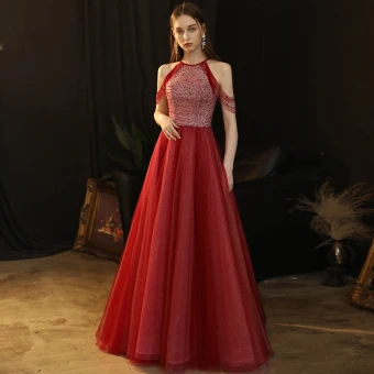 Chic Belle Bordeaux Robe De Soirée 2020 Princesse Encolure Dégagée Sans Manches Perlage Glitter Tulle Longue Volants Dos Nu Robe De Ceremonie