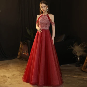 Chic Beautiful Burgundy Evening Dresses 2020 A Line Princess Scoop Neck Sleeveless Beading Glitter Tulle Floor Length Long Ruffle Backless Formal Dresses