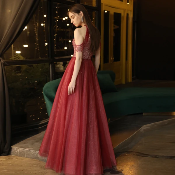 Chic / Beautiful Burgundy Evening Dresses  2020 A-Line / Princess Scoop Neck Sleeveless Beading Glitter Tulle Floor-Length / Long Ruffle Backless Formal Dresses