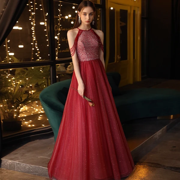 Chic / Beautiful Burgundy Evening Dresses  2020 A-Line / Princess Scoop Neck Sleeveless Beading Glitter Tulle Floor-Length / Long Ruffle Backless Formal Dresses