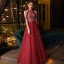 Chic / Beautiful Burgundy Evening Dresses  2020 A-Line / Princess Scoop Neck Sleeveless Beading Glitter Tulle Floor-Length / Long Ruffle Backless Formal Dresses