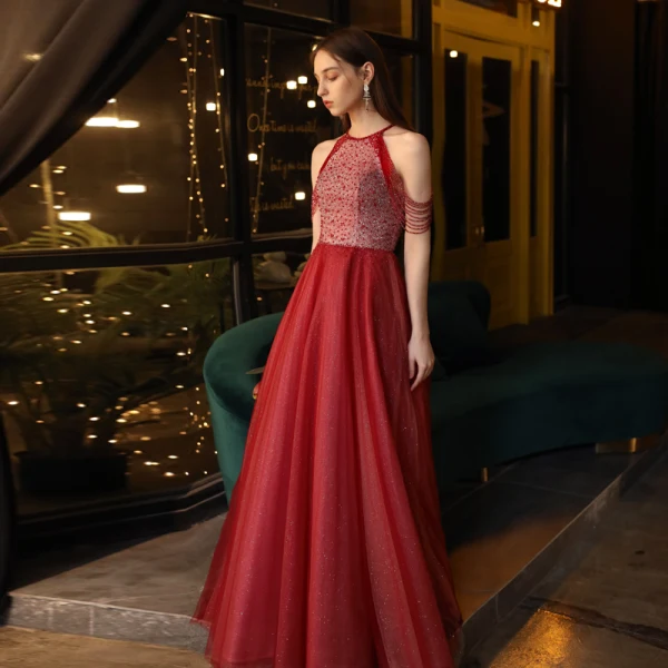 Chic / Beautiful Burgundy Evening Dresses  2020 A-Line / Princess Scoop Neck Sleeveless Beading Glitter Tulle Floor-Length / Long Ruffle Backless Formal Dresses