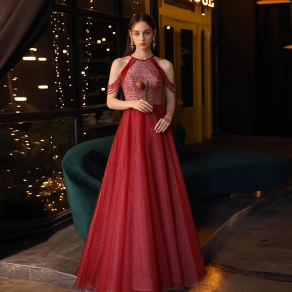Chic / Beautiful Burgundy Evening Dresses  2020 A-Line / Princess Scoop Neck Sleeveless Beading Glitter Tulle Floor-Length / Long Ruffle Backless Formal Dresses