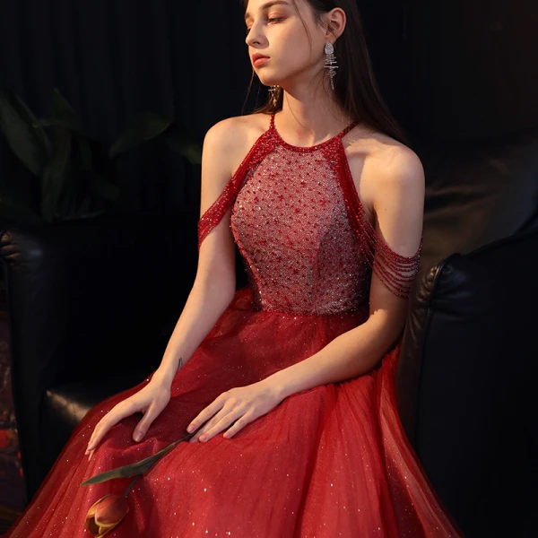 Chic / Beautiful Burgundy Evening Dresses  2020 A-Line / Princess Scoop Neck Sleeveless Beading Glitter Tulle Floor-Length / Long Ruffle Backless Formal Dresses