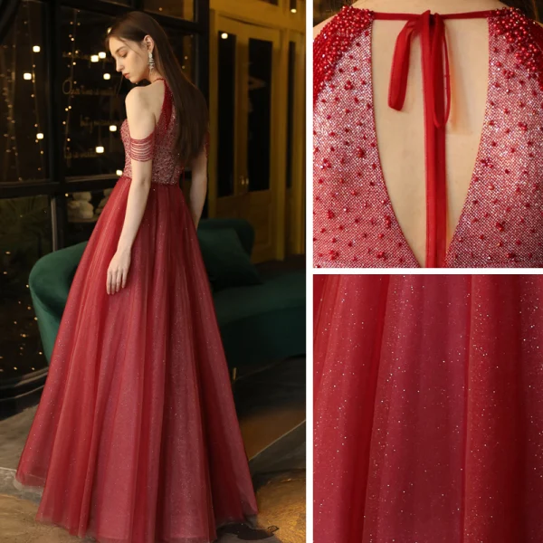 Chic / Beautiful Burgundy Evening Dresses  2020 A-Line / Princess Scoop Neck Sleeveless Beading Glitter Tulle Floor-Length / Long Ruffle Backless Formal Dresses