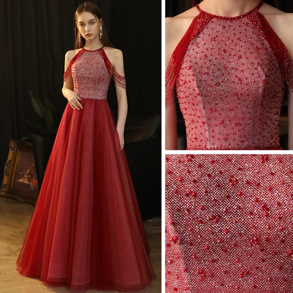Chic / Beautiful Burgundy Evening Dresses  2020 A-Line / Princess Scoop Neck Sleeveless Beading Glitter Tulle Floor-Length / Long Ruffle Backless Formal Dresses