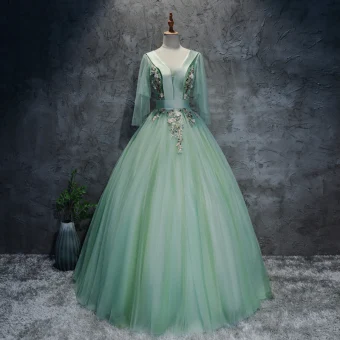 Chic Belle Vert Citron Dansant Robe De Bal 2020 Robe Boule V Cou 3 4 Manches Appliques En Dentelle Longue Volants Dos Nu Robe De Ceremonie