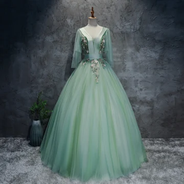 Chic Beautiful Mint Green Dancing Prom Dresses 2020 Ball Gown V Neck 3 4 Sleeve Appliques Lace Floor Length Long Ruffle Backless Formal Dresses