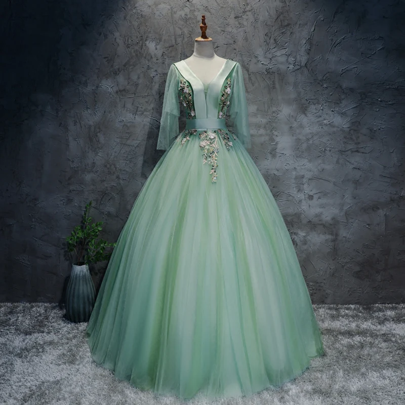 Chic Beautiful Mint Green Dancing Prom Dresses 2020 Ball Gown V-Neck 3/4 Sleeve Lace