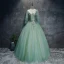Chic / Beautiful Mint Green Dancing Prom Dresses 2020 Ball Gown V-Neck 3/4 Sleeve Appliques Lace Floor-Length / Long Ruffle Backless Formal Dresses