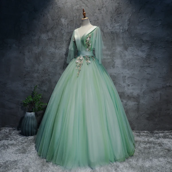 Chic / Beautiful Mint Green Dancing Prom Dresses 2020 Ball Gown V-Neck 3/4 Sleeve Appliques Lace Floor-Length / Long Ruffle Backless Formal Dresses