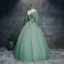 Chic / Beautiful Mint Green Dancing Prom Dresses 2020 Ball Gown V-Neck 3/4 Sleeve Appliques Lace Floor-Length / Long Ruffle Backless Formal Dresses