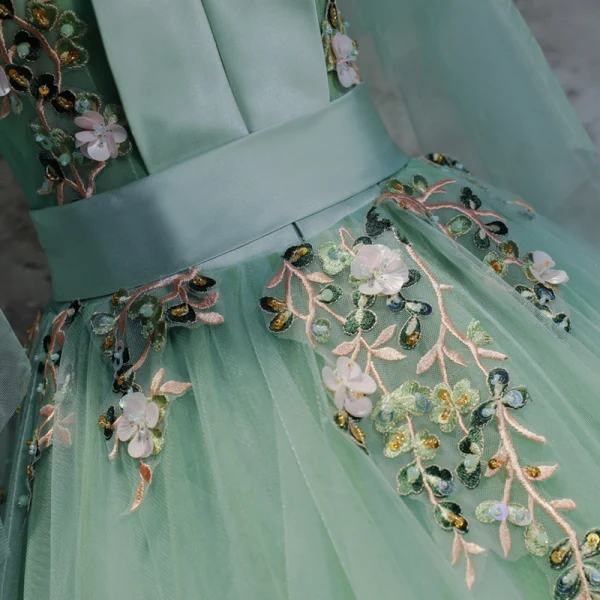 Chic / Beautiful Mint Green Dancing Prom Dresses 2020 Ball Gown V-Neck 3/4 Sleeve Appliques Lace Floor-Length / Long Ruffle Backless Formal Dresses