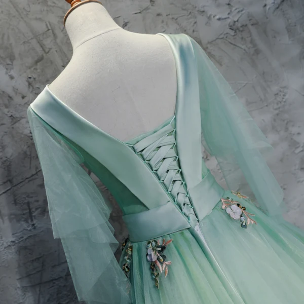 Chic / Beautiful Mint Green Dancing Prom Dresses 2020 Ball Gown V-Neck 3/4 Sleeve Appliques Lace Floor-Length / Long Ruffle Backless Formal Dresses