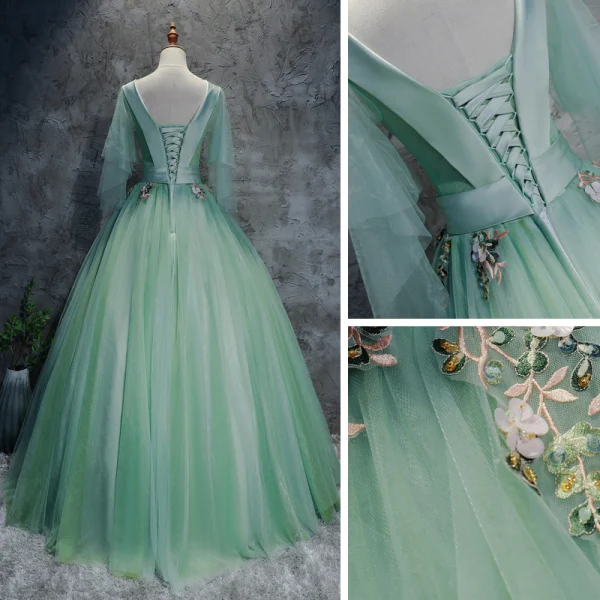 Chic / Beautiful Mint Green Dancing Prom Dresses 2020 Ball Gown V-Neck 3/4 Sleeve Appliques Lace Floor-Length / Long Ruffle Backless Formal Dresses