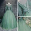 Chic / Beautiful Mint Green Dancing Prom Dresses 2020 Ball Gown V-Neck 3/4 Sleeve Appliques Lace Floor-Length / Long Ruffle Backless Formal Dresses