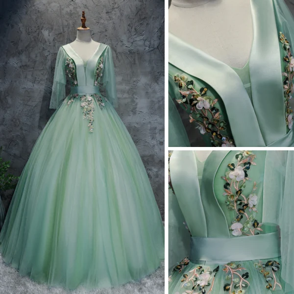 Chic / Beautiful Mint Green Dancing Prom Dresses 2020 Ball Gown V-Neck 3/4 Sleeve Appliques Lace Floor-Length / Long Ruffle Backless Formal Dresses