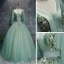 Chic / Beautiful Mint Green Dancing Prom Dresses 2020 Ball Gown V-Neck 3/4 Sleeve Appliques Lace Floor-Length / Long Ruffle Backless Formal Dresses