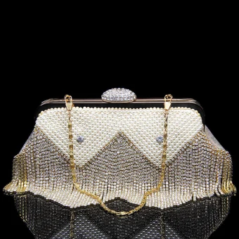 Fashion Gold Patent Leather Clutch Bags 2020 Metal Pearl Rhinestone Tassel