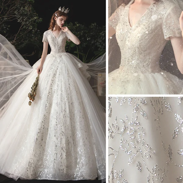Vintage / Originale Ivoire La Mariée Robe De Mariée 2020 Robe Boule V-Cou Manches Courtes Dos Nu Perlage Appliques Glitter Cathedral Train Volants