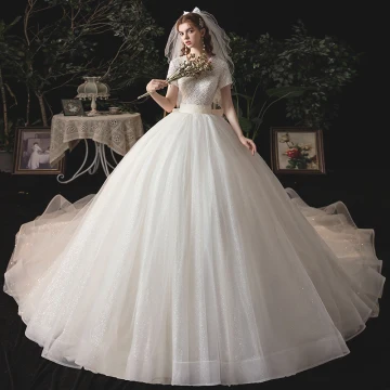 Vintage Retro Ivory Bridal Wedding Dresses 2020 Ball Gown V Neck Short Sleeve Backless Beading Glitter Tulle Sash Chapel Train Ruffle