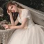 Vintage / Retro Ivory Bridal Wedding Dresses 2020 Ball Gown V-Neck Short Sleeve Backless Beading Glitter Tulle Sash Chapel Train Ruffle