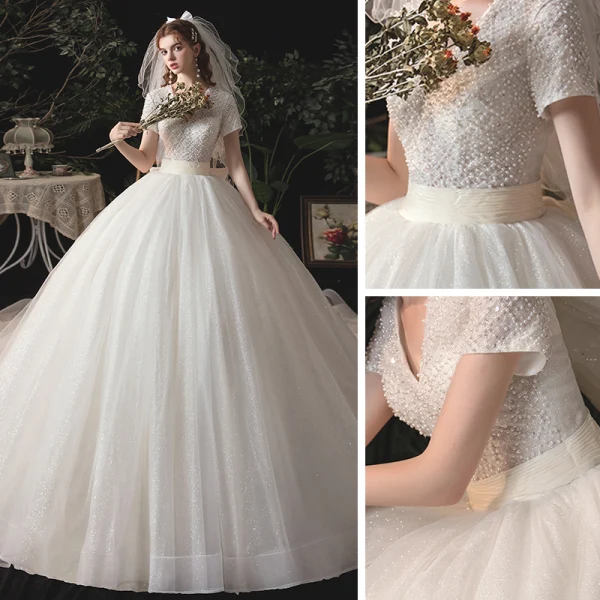 Vintage / Retro Ivory Bridal Wedding Dresses 2020 Ball Gown V-Neck Short Sleeve Backless Beading Glitter Tulle Sash Chapel Train Ruffle