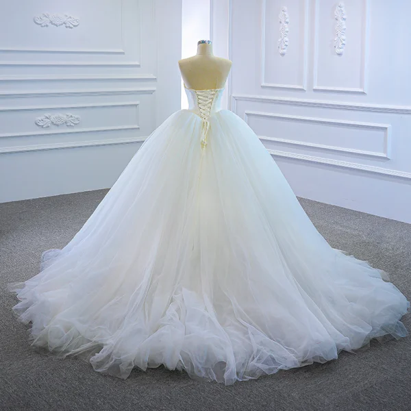 Modest / Simple White Bridal Wedding Dresses 2020 Ball Gown Off-The-Shoulder Short Sleeve Backless Court Train Ruffle