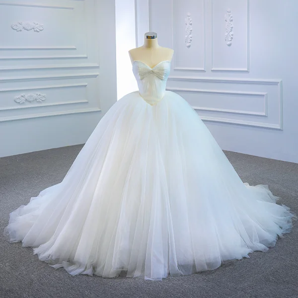 Modest / Simple White Bridal Wedding Dresses 2020 Ball Gown Off-The-Shoulder Short Sleeve Backless Court Train Ruffle