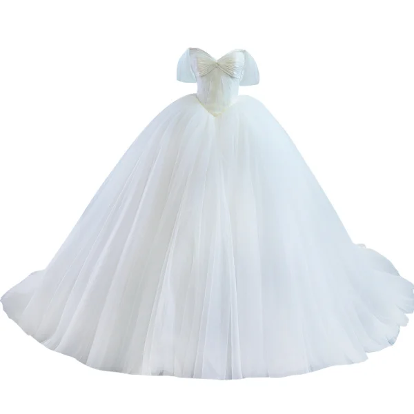 Modest / Simple White Bridal Wedding Dresses 2020 Ball Gown Off-The-Shoulder Short Sleeve Backless Court Train Ruffle