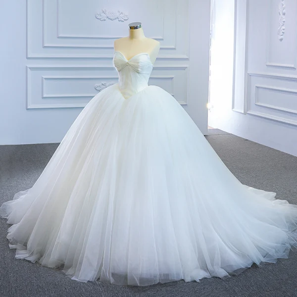 Modest / Simple White Bridal Wedding Dresses 2020 Ball Gown Off-The-Shoulder Short Sleeve Backless Court Train Ruffle