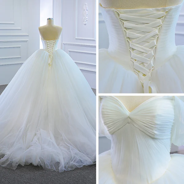 Modest / Simple White Bridal Wedding Dresses 2020 Ball Gown Off-The-Shoulder Short Sleeve Backless Court Train Ruffle