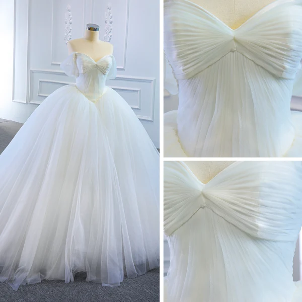 Modest / Simple White Bridal Wedding Dresses 2020 Ball Gown Off-The-Shoulder Short Sleeve Backless Court Train Ruffle