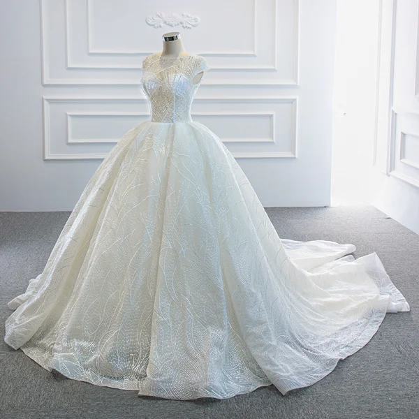 Luxus / Herrlich Weiß Hochzeits Brautkleider / Hochzeitskleider 2020 Ballkleid Durchsichtige Eckiger Ausschnitt Ärmellos Rückenfreies Perlenstickerei Pailletten Kapelle-Schleppe Rüschen