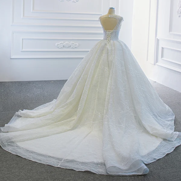 Luxus / Herrlich Weiß Hochzeits Brautkleider / Hochzeitskleider 2020 Ballkleid Durchsichtige Eckiger Ausschnitt Ärmellos Rückenfreies Perlenstickerei Pailletten Kapelle-Schleppe Rüschen