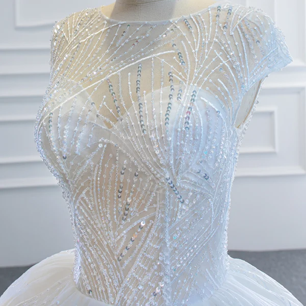 Luxus / Herrlich Weiß Hochzeits Brautkleider / Hochzeitskleider 2020 Ballkleid Durchsichtige Eckiger Ausschnitt Ärmellos Rückenfreies Perlenstickerei Pailletten Kapelle-Schleppe Rüschen