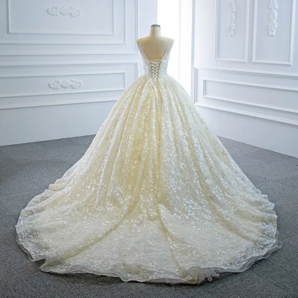 Luxury / Gorgeous Champagne Bridal Wedding Dresses 2020 Ball Gown See-through Scoop Neck Sleeveless Backless Star Appliques Lace Beading Pearl Chapel Train
