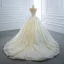 Luxury / Gorgeous Champagne Bridal Wedding Dresses 2020 Ball Gown See-through Scoop Neck Sleeveless Backless Star Appliques Lace Beading Pearl Chapel Train