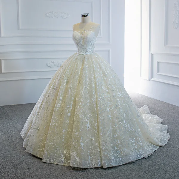 Luxury / Gorgeous Champagne Bridal Wedding Dresses 2020 Ball Gown See-through Scoop Neck Sleeveless Backless Star Appliques Lace Beading Pearl Chapel Train