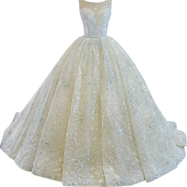 Luxury / Gorgeous Champagne Bridal Wedding Dresses 2020 Ball Gown See-through Scoop Neck Sleeveless Backless Star Appliques Lace Beading Pearl Chapel Train