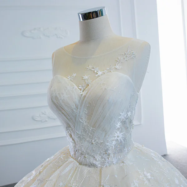 Luxury / Gorgeous Champagne Bridal Wedding Dresses 2020 Ball Gown See-through Scoop Neck Sleeveless Backless Star Appliques Lace Beading Pearl Chapel Train