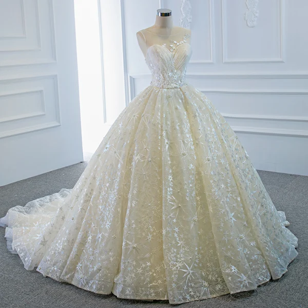 Luxury / Gorgeous Champagne Bridal Wedding Dresses 2020 Ball Gown See-through Scoop Neck Sleeveless Backless Star Appliques Lace Beading Pearl Chapel Train