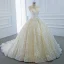Luxury / Gorgeous Champagne Bridal Wedding Dresses 2020 Ball Gown See-through Scoop Neck Sleeveless Backless Star Appliques Lace Beading Pearl Chapel Train