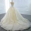 Luxury / Gorgeous Champagne Bridal Wedding Dresses 2020 Ball Gown See-through Scoop Neck Sleeveless Backless Star Appliques Lace Beading Pearl Chapel Train