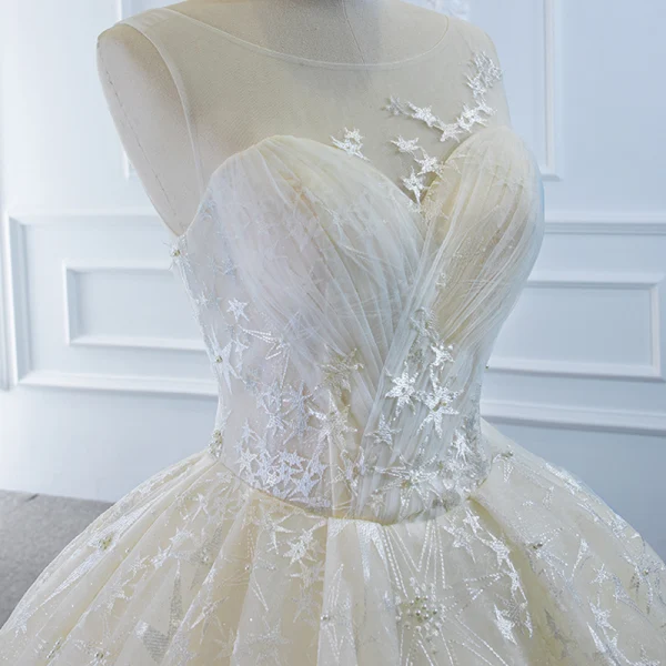 Luxury / Gorgeous Champagne Bridal Wedding Dresses 2020 Ball Gown See-through Scoop Neck Sleeveless Backless Star Appliques Lace Beading Pearl Chapel Train