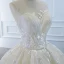 Luxury / Gorgeous Champagne Bridal Wedding Dresses 2020 Ball Gown See-through Scoop Neck Sleeveless Backless Star Appliques Lace Beading Pearl Chapel Train