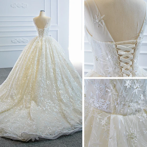 Luxury / Gorgeous Champagne Bridal Wedding Dresses 2020 Ball Gown See-through Scoop Neck Sleeveless Backless Star Appliques Lace Beading Pearl Chapel Train