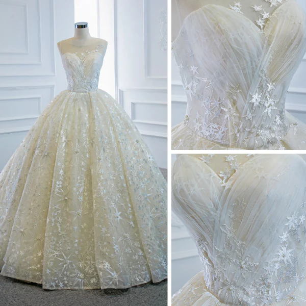 Luxury / Gorgeous Champagne Bridal Wedding Dresses 2020 Ball Gown See-through Scoop Neck Sleeveless Backless Star Appliques Lace Beading Pearl Chapel Train