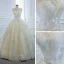 Luxury / Gorgeous Champagne Bridal Wedding Dresses 2020 Ball Gown See-through Scoop Neck Sleeveless Backless Star Appliques Lace Beading Pearl Chapel Train
